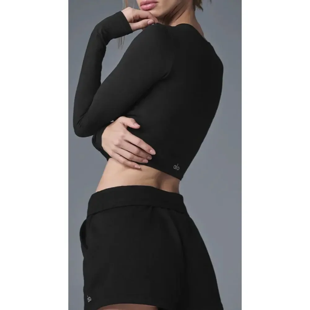 Alo Yoga Top Womens XS Alosoft Crop Finesse Long Sleeve Black Crewneck Yoga - Picture 2 of 8